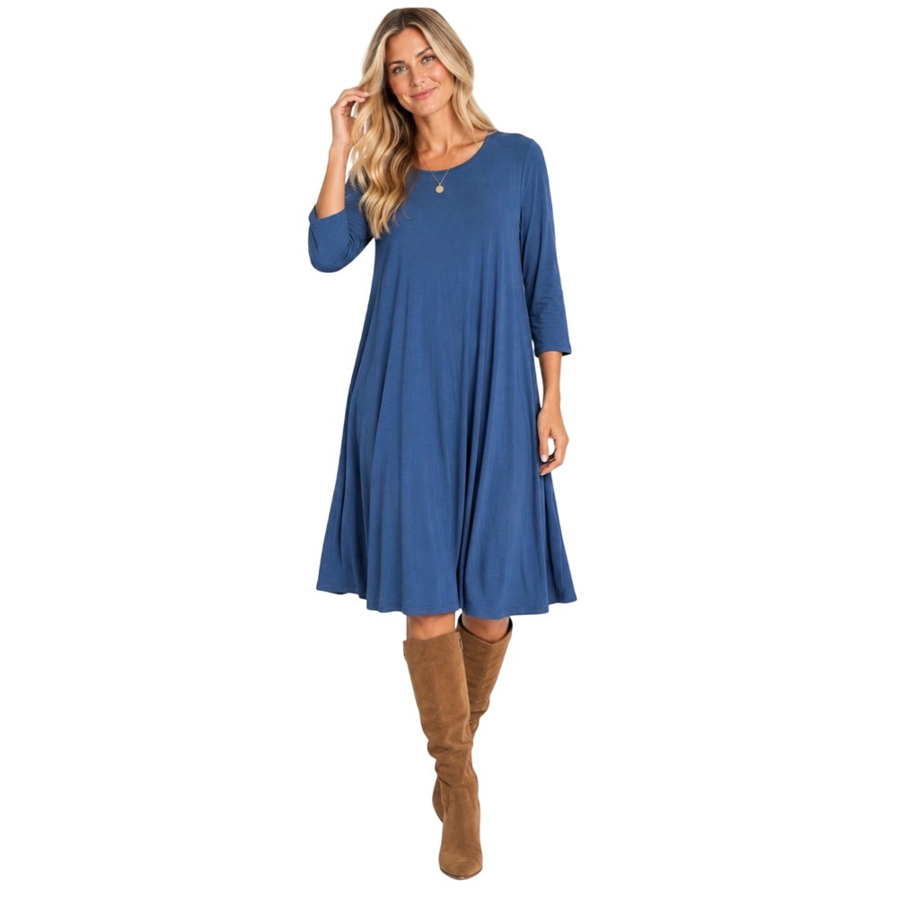 NWT Eileen Fisher Viscose Jersey Round Neck Knee Length Dress Denim Blue XL
